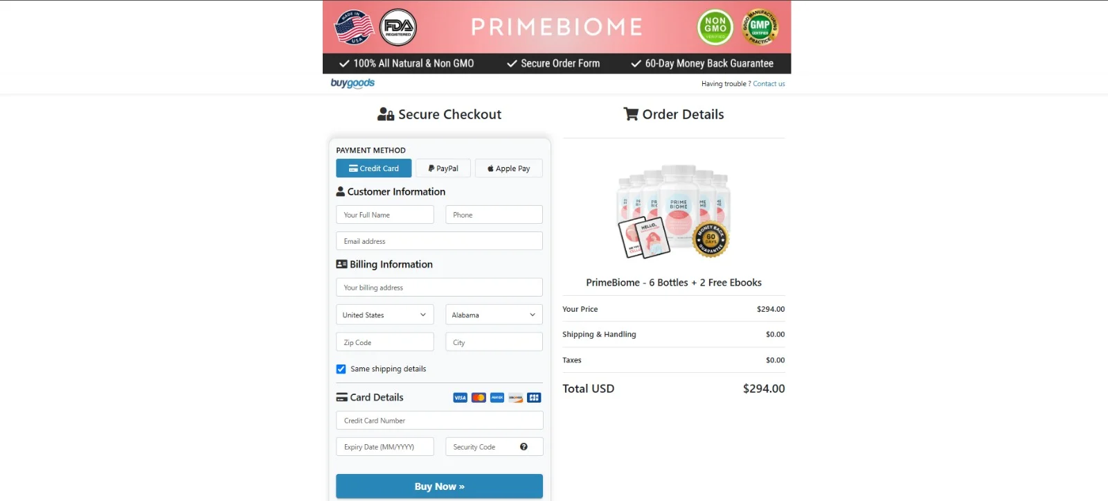 Prime Biome Supplement order page